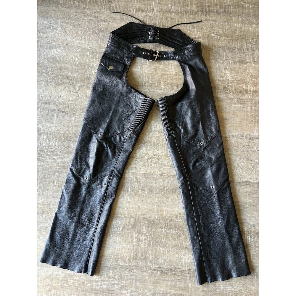 Wilsons Leather Black Motorcycle Chaps Womens M Rear Lace Waist Snap Zip - Picture 5 of 16